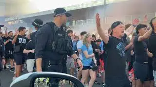 Sydney FC Football fans marching and chanting 2025. Approaching