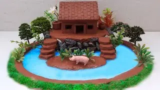 DIY miniature clay house with swimming pool #creativeclayideas #clayhouse #clayart #mudhouse