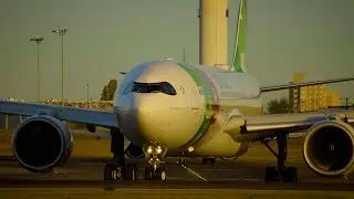 TAP Air Portugal Airbus A330-900 taking off at sunset from Lisbon Airport LPPT