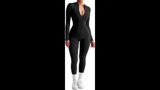 SUUKSESS Women Long Sleeve Ribbed Jumpsuit Zip up Front Workout Bodycon Romper