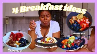 Quick, easy and healthy breakfast ideas. Yoghurt Bowl/ Crispy fried egg/ loaded oats/ Steak and eggs