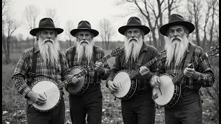 Timeless Black and White Folk Band Portrait Featuring Classic Banjo Music and Old Soul Harmony