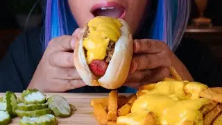 CHEESY CRUNCHY CHEESY | ASMR CHILI CHEESE HOT DOG + CHEESY FRIES + CRUNCHY PICKLES MUKBANG 먹방