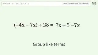 Linear equation with one unknown: Solve 40-4(x+3)=7x-5 step-by-step solution