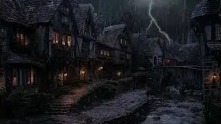 Stormy Night in a Medieval Village | Rain & Thunder Ambience in a Dark Fantasy Town
