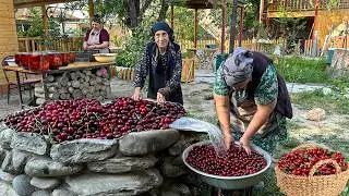 Fresh Cherry and Plums - Grandma Making Fresh Fruit Juice and Cherry Jam