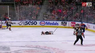 Pavel Mintyukov gets injured after blocking a shot of his teammate vs Oilers (30 mar 2024)
