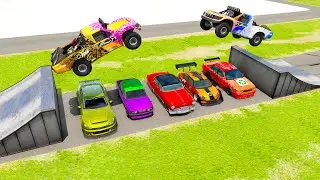 Double Flatbed Trailer Truck vs Speedbumps Train vs Cars | Tractor vs Train Beamng.Drive