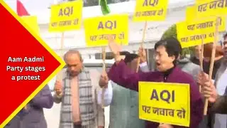 AAP stages protest in Delhi assembly premises over the issue of air pollution in national capital...