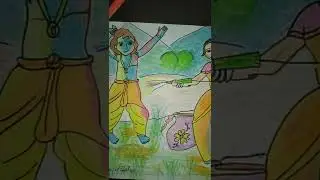 Radha Krishna Holi based scenery drawing#shorts #art #krishna #radhakrishna
