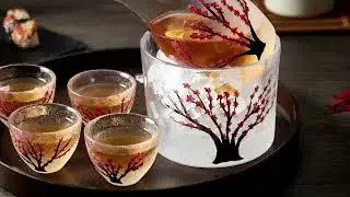 Dujust Japanese Sake Set for 4, Handcraft Pink Cherry Blossoms Design