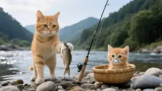 Cartoon video cat baby cat fish and fish eat in river kinare बिल्ली का बच्चा #cartoon #viralvideo