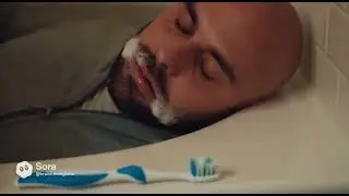 Bald man stumbled backward and hits the alcove bathtub while brushing his teeth