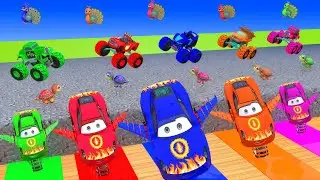 Big & Small Police Bus Lightning Mcqueen Double Monster Saw Wheels vs Trains