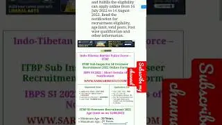 ITBP SUB INSPECTOR SI OVERSEER RECRUITMENT  #shorts #shortsvideo