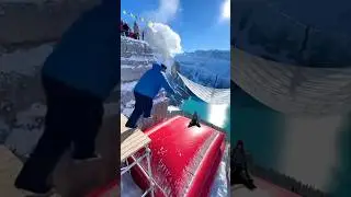 Snowy Cliff airbag is wild! 😱🔥 Guy jumps, girl flies! #ScaryRide #TravelWonderGuy