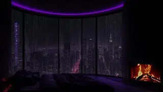 Aesthetic Christmas Apartment Ambience | Fireplace, Rain & Night City Skyline