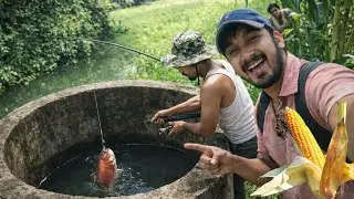 වගා ලිදෙන් හොරෙන් අල්ලපු මාලු & බඩඉරිගු🌽🎣  | Village Secret Adventure @TravelFishing-YT 