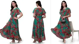 Floral Summer Dress, Puff Sleeve V-Neck, Blue and White Porcelain Print, Midi Length