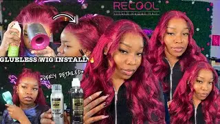 DETAILED GLUELESS FRONTAL WIG INSTALL 99J BODY WAVE + HALF UP HALF DOWN WITH CURLS Ft. RECOOL HAIR