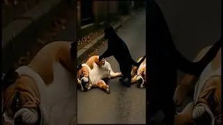 🐱 Brave Cat Steals Chicken from Two Bulldogs! 😱🍗#shorts #cat #funny #viral #bulldog