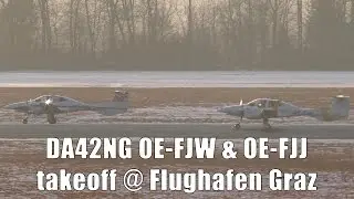 Two Diamond Aircraft DA42NG formation takeoff @ Graz Airport | OE-FJW & OE-FJJ