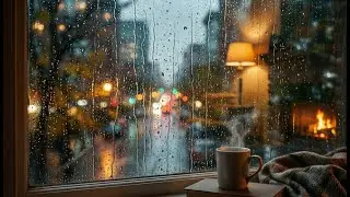 Rainy Window Ambience - Cozy Urban Evening with Fireplace & Warm Lights