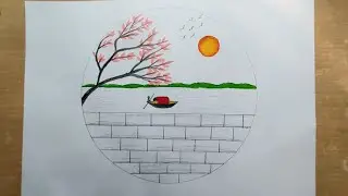 Beautiful scenery drawing in circle | Circle scenery drawing 