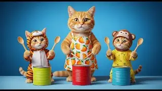 Mama Cat and Twin Kittens Make DIY Recycled Can Drums! A Cat Family Concert