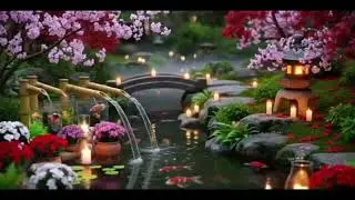 tranquil pond with pink and red sakura fish, ancient stone lanterns, and a small wooden bridge