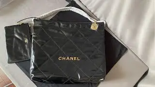 Chanel 22 handbag, Shiny calfskin & gold tone metal , black unboxing From Supkicks