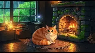Relaxing Fireplace Lofi Night 🔥🐱 | Cozy Cat, Bookish Ambience & Calm Beats