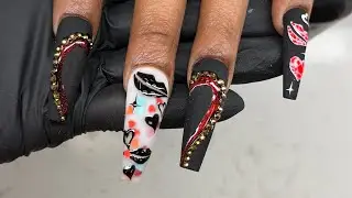 Black And White Nails Design- Valentine Nails Ideas - Acrylic Nails Tutorial step by step.