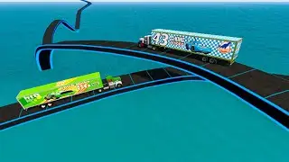 Mack Truck Vs King Dinoco Truck Trailer Vs Giant Spiral Bridge Impossible Stunt - BeamNG.Drive