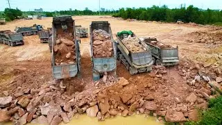 Incredible Dump Trucks Management Work Teams Transpor & Unload Huge Stones Landfilling Up
