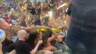 The audience is rowing at a grindcore band at Metaldays festival
