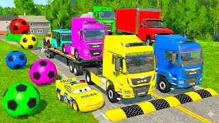 Flatbed Trailer Cars Transportation with Truck - Speedbumps vs Cars vs Train - BeamNG.Drive #002