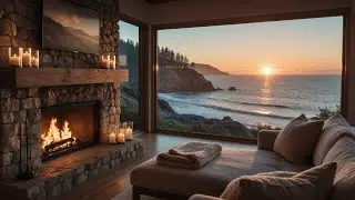 Beachfront Fireplace Ambience 🌊🔥 | Sunset Waves for Deep Relaxation & Sleep