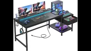 56 Inch Gaming Desk with Drawers and Shelf,Reversible Computer Desk with LED Lights and Power