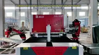Sheet metal bending machine with automatic loading and unloading using collaborative robots.