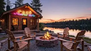 Cozy Lakeside Cabin Caf&eacute; at Sunset | Relaxing Nature Ambience & Warm Fire Pit