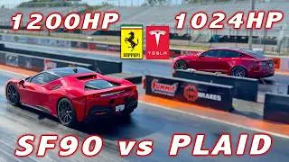1,200 HP Ferrari SF90 vs Tesla Plaid 1/4 Mile Drag Race * New Personal best * Charged by EVDANCE