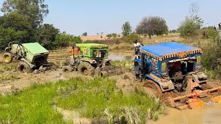 Eicher tractor stuck in deep mud pulling by John Deere tractors | tractor videos |