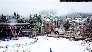 Snow charges at Whistler Olympic Plaza, BC / Time-lapse snowfall. March 19, 2022.