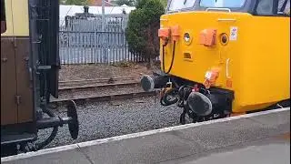 Class 50 coupling to some Mark 1s at Kidderminster town station