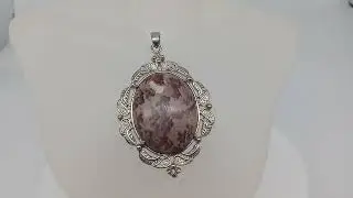 Jasper Gemstone Pendant Silver Tone Metal Filigree Oval Shaped Designer Estate