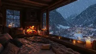 Snow Serenity in a Cozy Cabin | Crackling Fireplace with Snowfall for Restful Sleep & Stress Relief