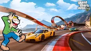 A high-speed stunt race car driving on a floating stunt track