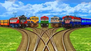 5 Colorful Trains Risky Crossing on Line Same Railroad Track-Five Branch Railroad Track #8 BeamNG