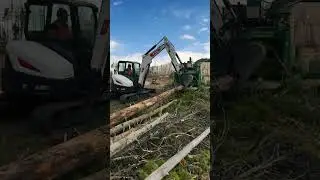 E50 feeding the Bandit chipper🪵 #heavymachinery #landclearing #bobcat #excavator  #logging #chipper